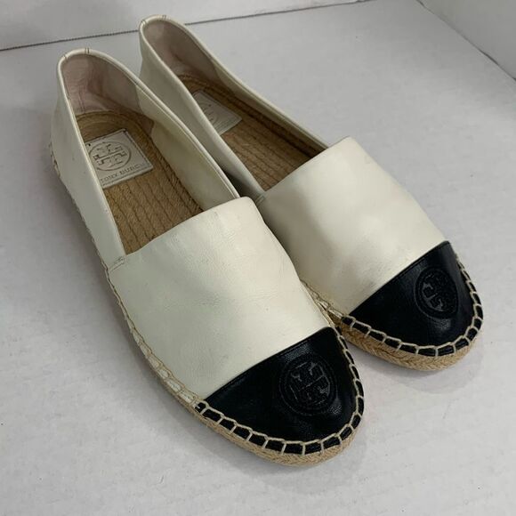 Tory Burch black/white leather color block cap toe espadrille flats - Picture 1 of 10